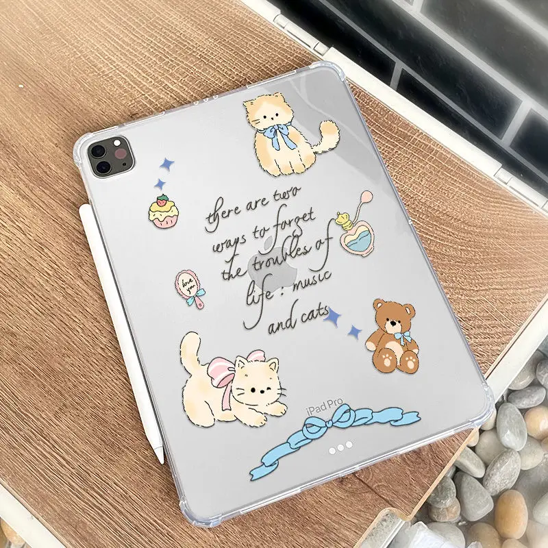 Ốp Bảo Vệ, Áp Dụng Cho iPad Mới 2024, 10.2 Inch Và AIR2, Thiết Kế Trong Suốt, Có Nơ Và Mèo, Thích Hợp Cho Máy Tính Bảng 2021, Thế Hệ Thứ 9, Được Làm Bằng Silicon, Có 6 Thế Hệ 2