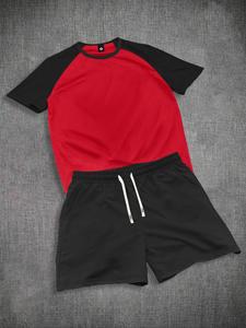 Two-Piece Set Men's Colorblock Raglan Sleeve Round Neck Tee & Solid Color Drawstring Waist Shorts, Regular Fit Casual Comfy Short Sleeve Crew Neck T-shirt & Pocket Shorts, Men's Summer Clothes for Daily Wear