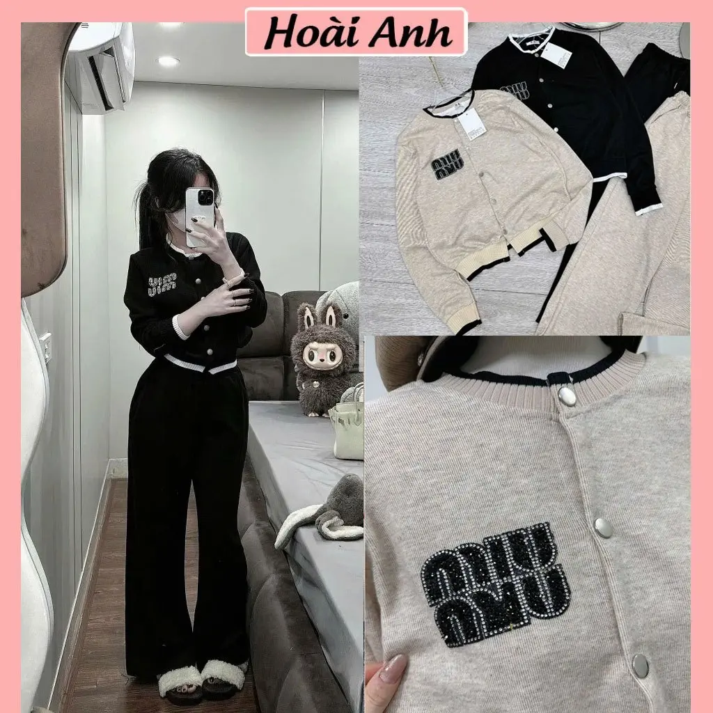 Set Bộ Đồ Nữ MUImUI Đá Len Tăm Lông Thỏ Áo Cổ Tròn Cúc Bấm Phối Bo Dệt Len Mix Quần Suông Dài Ống Rộng Freesizexin Ong Nhung