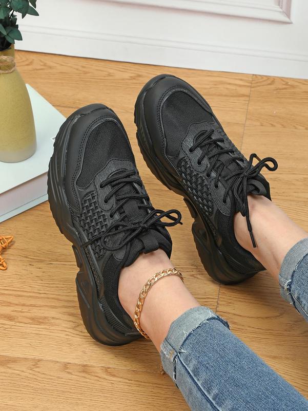 1 Pair 2023 New Trendy Mesh Woven Platform Trainers for Women, Minimalist Lace-up Low Top Chunky Sneakers, Sporty Breathable Comfortable Running Shoes for Daily Wear 1