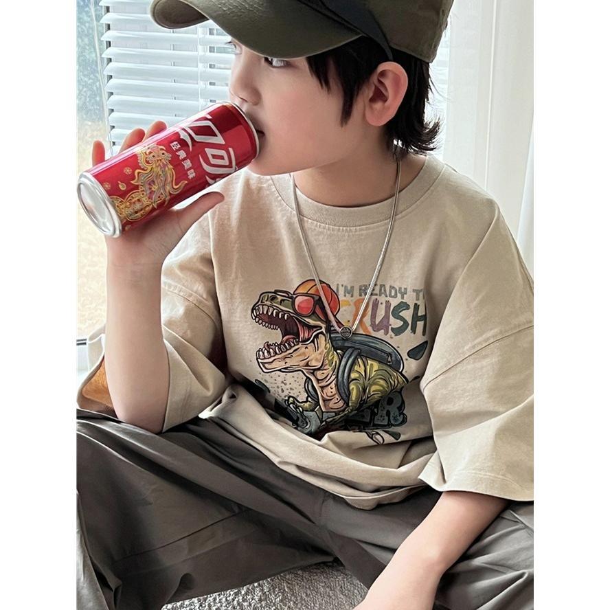 แนวโน้มบุคลิกภาพพิมพ์ไดโนเสาร์ 2025 ลายการ์ตูน T-Rex ใหม่ เสื้อเด็กบ่าวอาร์ม เสื้อยืดเด็กผู้ชาย เสื้