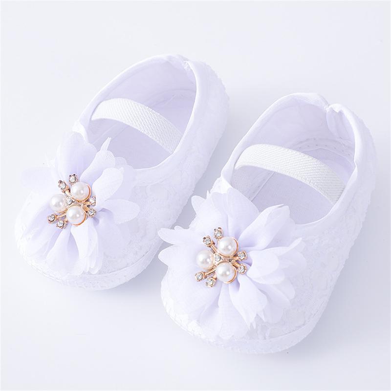 Baby Girls Flats and Headband Soft Sole Non-slip Pearl Flower Princess Wedding Dress Walking Shoes for Newborn 2