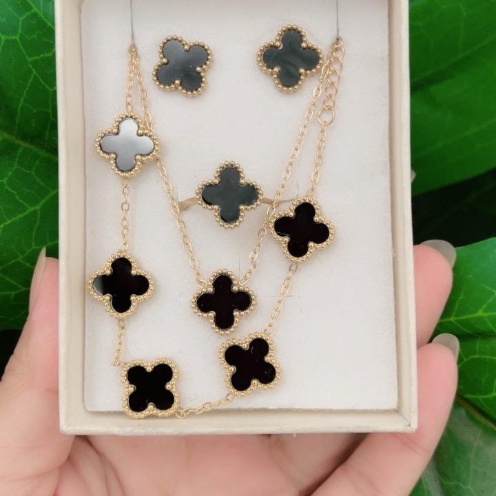 Bộ sản phẩm sét 4 hoa khuyên tai, nhẫn, dây chuyền , lắc tay cho phụ nữ đẹp mê ly full hộp xinh ( Bộ day vàng trơn )