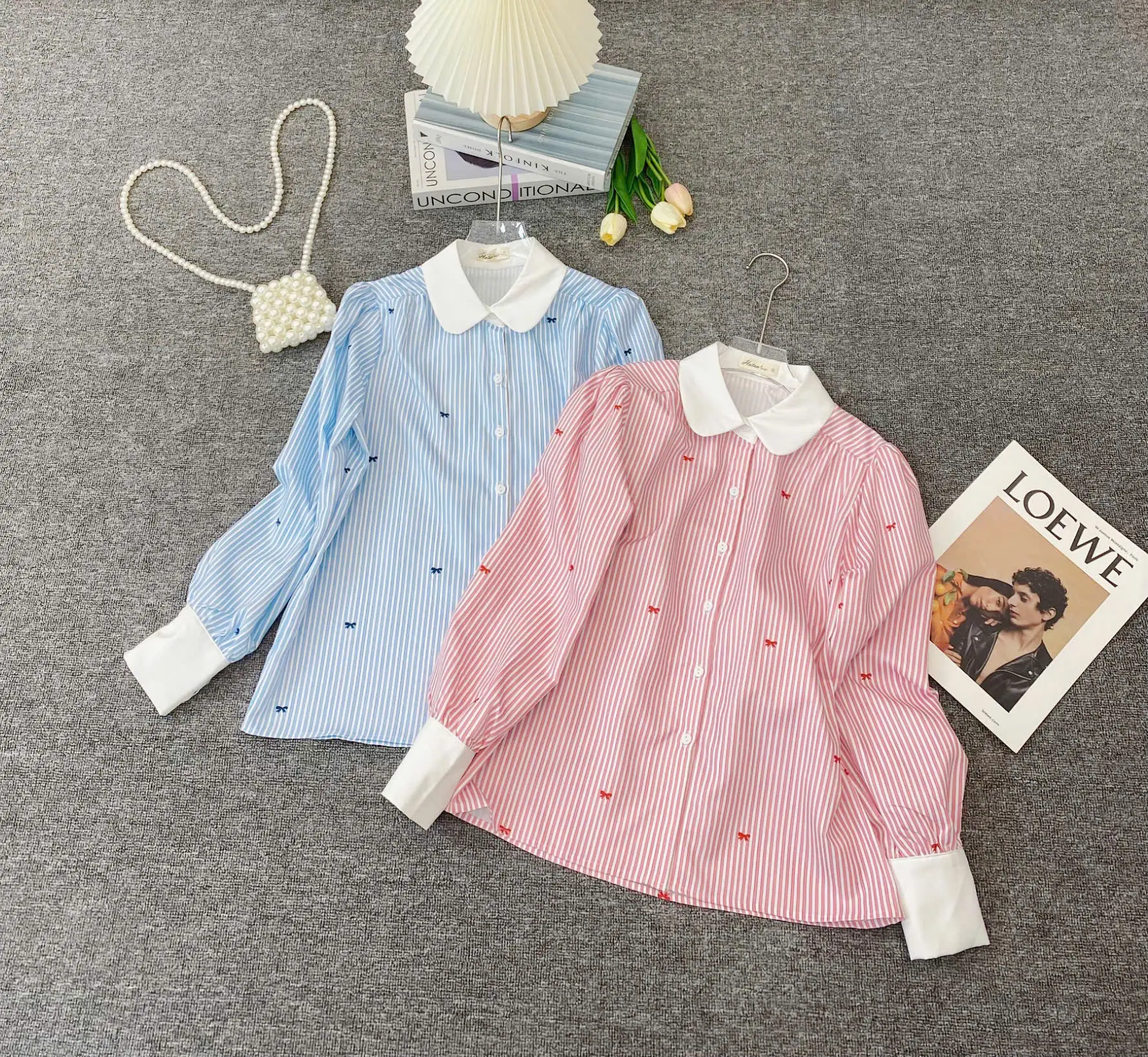 Áo sơ mi nữ CÚC FASHION HN áo mi nơ cổ tròn kẻ tay phối A14
