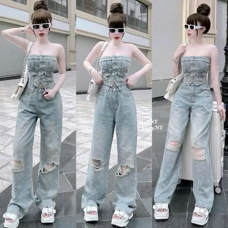 ￼Sét Jean Quảng Châu cao cấp áo cúp ngực phối quần đẹp xuất sắc ️️