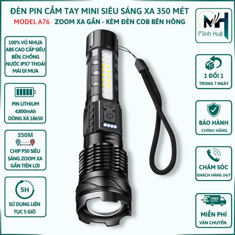 Đèn pin cầm tay A76 siêu sáng chiếu xa 500m có Zoom pin trâu chống nước IPX6 Có COB Led 7 chế độ sáng Đèn cầm tay
