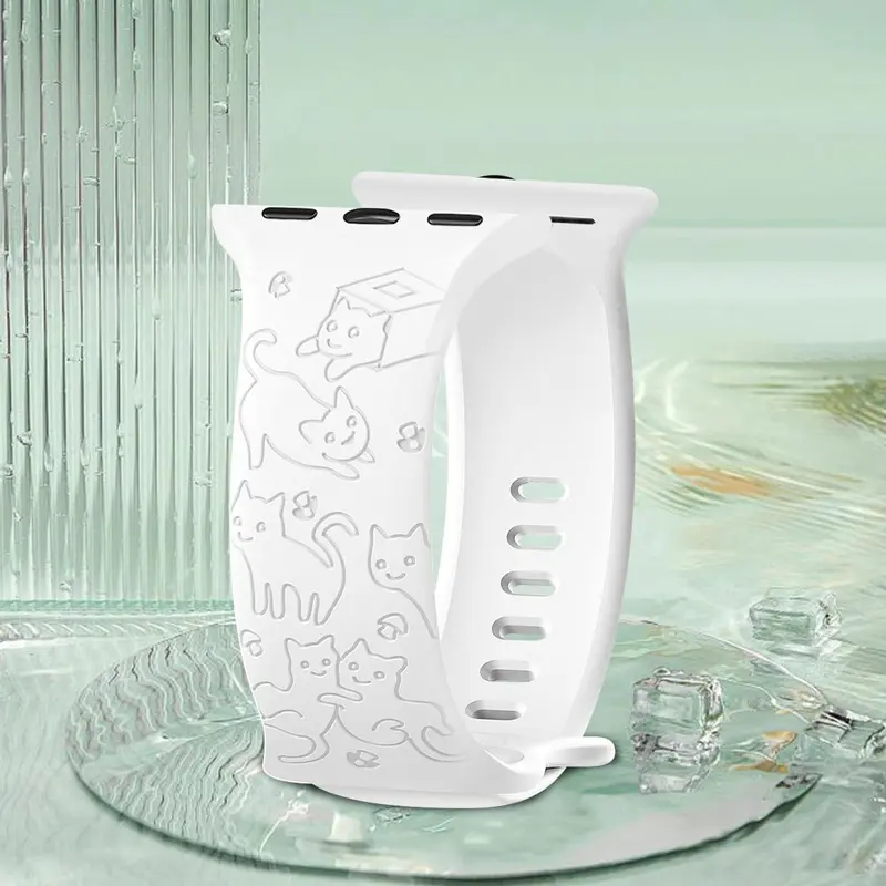 Cute Cat Pattern Engraved Silicone Watch Band, Soft Watch Band for iWatch Ultra Series SE 10 9 8 7 6 5 4 3 2 1, Smart Watch Accessories 0
