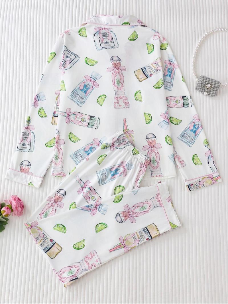 Product Introduction of Women's All Over Print Lapel Neck Button Front Pajama Two-piece Matching Set, Casual Long Sleeve Pocket Top & Elastic Waist Pants Pj Set, Casual Comfortable Sleepwear Set for Women, Nightwear, Pajama Sets 2
