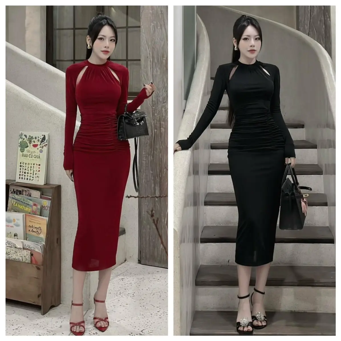 ĐẦM BODY DÀI CỔ TRÒN KHOÉT VAI TAY DÀI ĐƠN GIẢN SANG TRỌNG - Xmas  Ôm gọn Thông thường bozip nhập Nữ vaydodonnoel Dress Women Nhung Voan