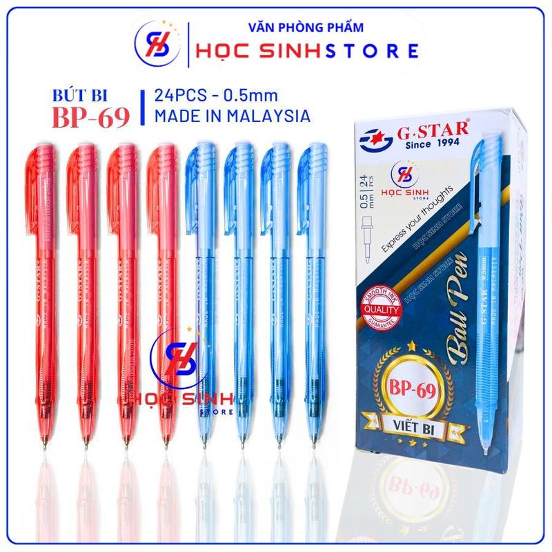 Hộp 24 Cây Bút Bi G-Star BP69 Ngòi 0.5mm (Mực Xanh/Đỏ) Sản Xuất Tại Malaysia (Giao Ngẫu Nhiên Thân Xanh Và Trắng) - Mực Đậm, Chuẩn Màu Và Không Lem - But bi, bút bi mực xanh, Bút bi
