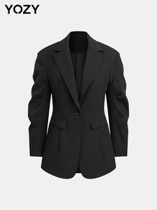YOZY Women's Solid Color Lapel Neck Blazer, Elegant Long Sleeve Button Front Blazer for Work Office Business, Ladies Spring & Fall Clothes
