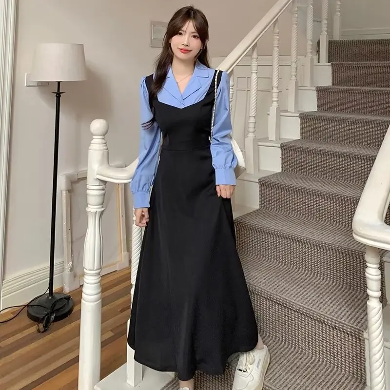 Fashion Top Women's Clothing Fake Two-Piece Tea Break French Academy Style Dress Women's Autumn Long Dress PK