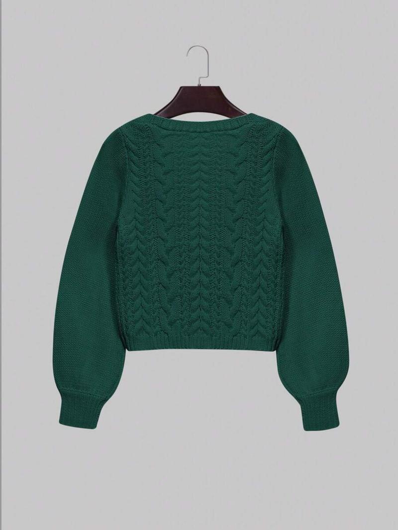 Product Introduction of 【Plus Size】 Solid Color Tie Front Lantern Sleeve Cardigan, Casual Long Sleeve Open Front Knitwear for Fall & Winter, Women's Plus Clothing for Daily Wear 11