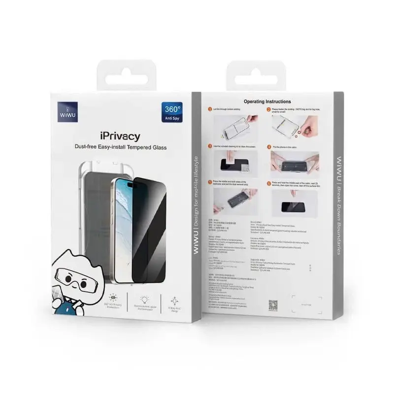 [ 360°] Kính Cường Lực WIWU iPrivacy Chống Nhìn Trộm 4 Chiều Khung Trợ Dán Lấy Bụi iPhone 16 Pro Max / 15 Plus/ 14/13/12 8