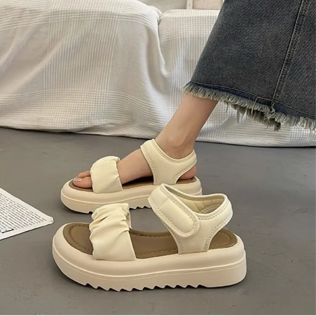 Sandal nữ bèo nhún quai dán kiểu dáng Basic quai da mềm dễ làm sạch đế 4cm đi học đi chơi DOZIMAX DéP GiàY
