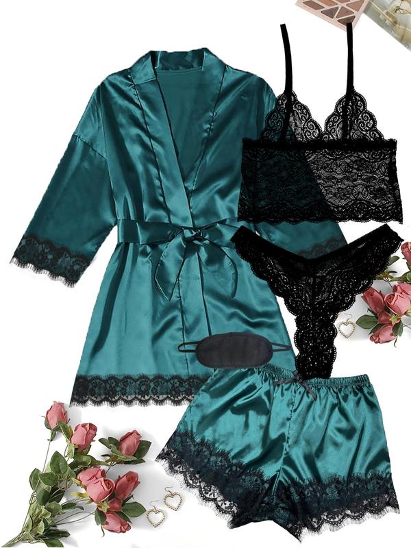 5 Counts Women's Contrast Lace Satin Pyjama Set, Casual Cami Top & Thong & Belted Wrap Lounge Robe & Bow Elastic Waist Shorts & Eye Mask Set, Pajama Sets Women, Lounge Sets, Women's Loungewear Set, Bedroom Pajamas for Married Women, Nightwear 6