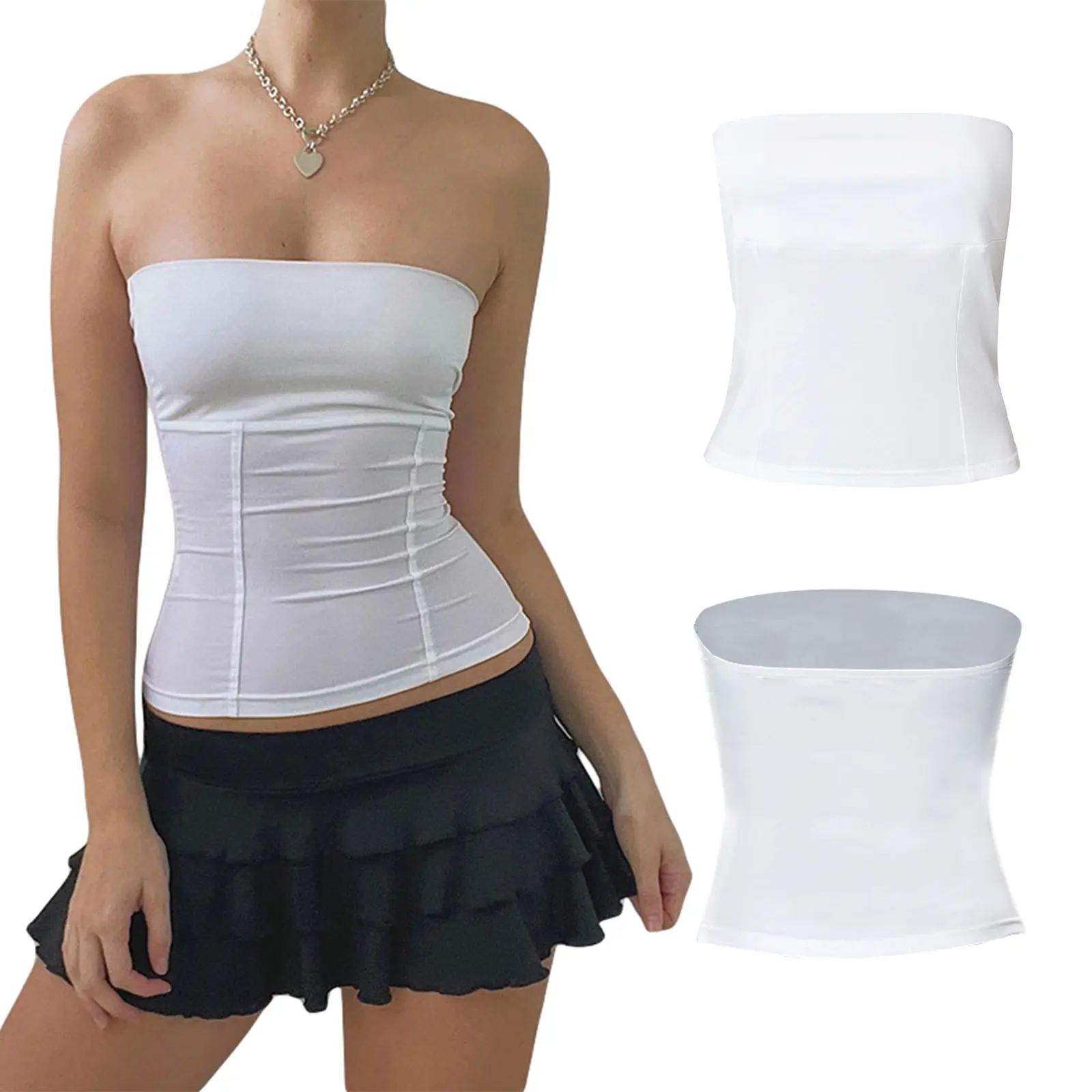 Women Y2K Satin Crop Tube Top Solid Bandage Strapless Sleeveless Bandeau Cropped Shirt Sexy Tie BackFit Crop Tank Top