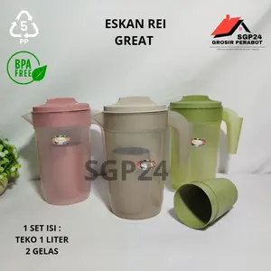 GREAT - 3 IN 1 ESKAN PLASTIK REI TEKO 1 LITER + 2 GELAS TEKO ESKAN PITCHER CERET SET BPA FREE
