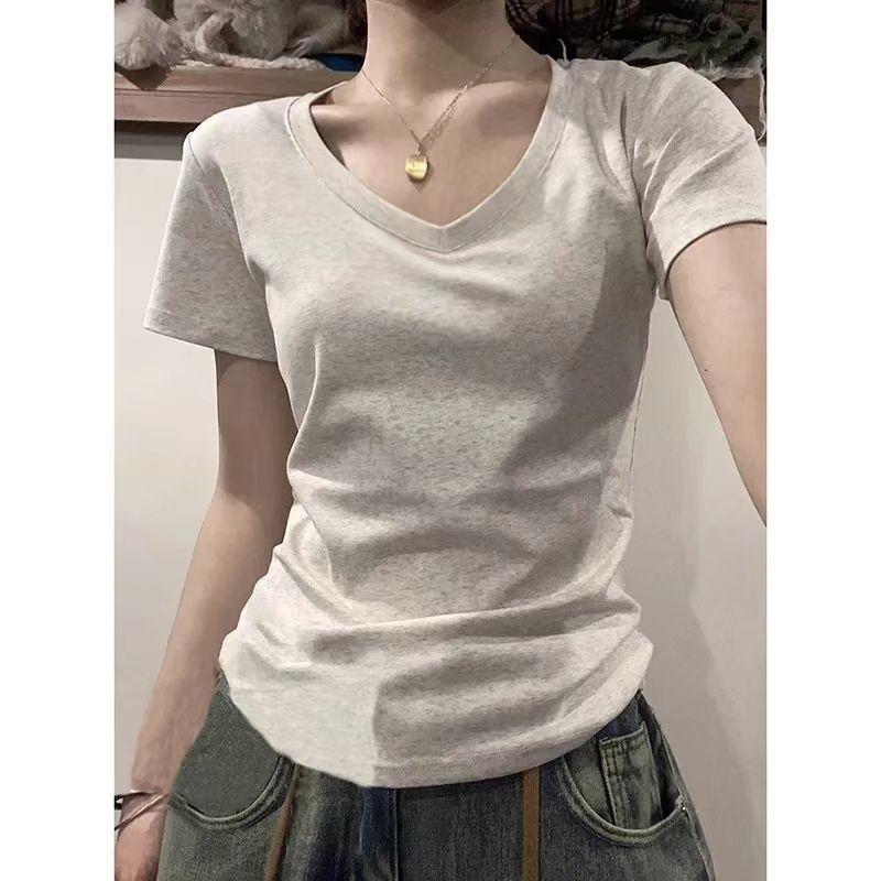Áo Thun Phong Cách Mỹ, Chất Liệu Cotton Nguyên Chất, Cổ Chữ V, Vai Thường, ngắn Tay, Dành Cho Nữ, Hàng Mới Về Mùa Hè 2025, Áo Cơ Sở Xếp Lớp Cơ Bản, Phong Cách Preppy, Áo 0