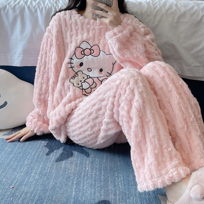  Bộ đồ ngủ nữ hello kitty lông mềm mịn hoạt hình dễ thương dễ mặc Women Quần Ngủ Áo Pijama Áo Ngủ Voi Ong Nhung 