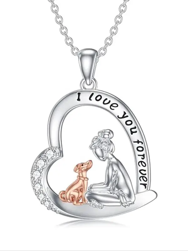 925 Sterling Silver Cute Dog & Girl Design Heart Shaped Pendant Necklace, Fashion Rhinestone Decor Jewelry for Party, Daily Decor, Trendy All-match & Exquisite Jewelry for Birthday Gift 0