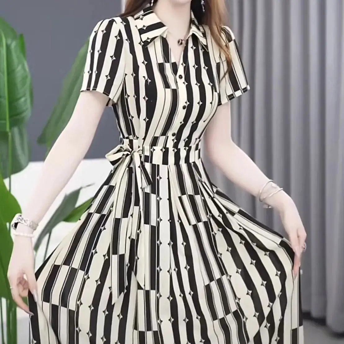 [Ladies Fashion] Retro High-Grade Printed Dress Women's 2024 Summer New Western Style Mid-Length Lace-up Waist Slimming Dress