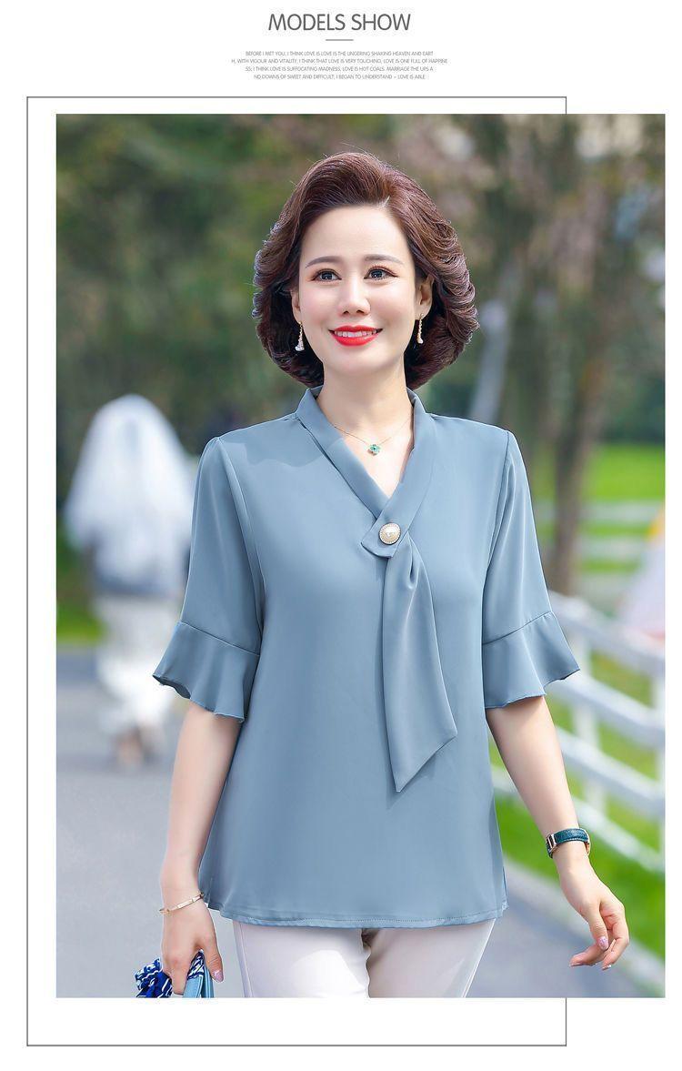 Product Introduction of Áo Phong Cách Phương Tây Ngắn Tay, Quần Áo Cho Mẹ, Thích Hợp Cho Mẹ TRUNG NIÊN Và TRUNG NIÊN, Hàng Mới Về, Dáng Rộng Vừa Vặn, Làm Bằng Voan, 40-50 Tuổi Nữ Top Women Shirt Sơ Mi 18