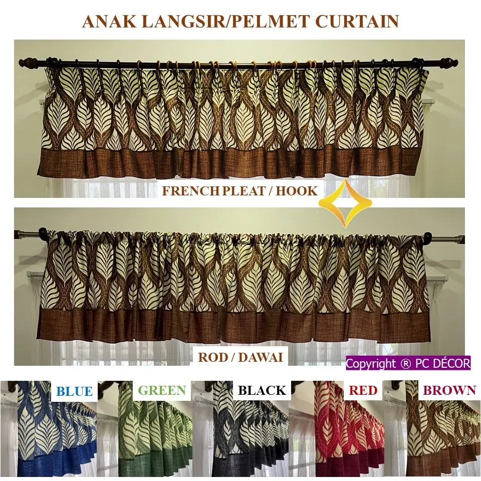Anak Langsir Corak Daun Pelmet Langsir Dapur Short Curtain Rod Pocket French Pleat Curtain Header Kepala Langsir Kelas Tirai Soft