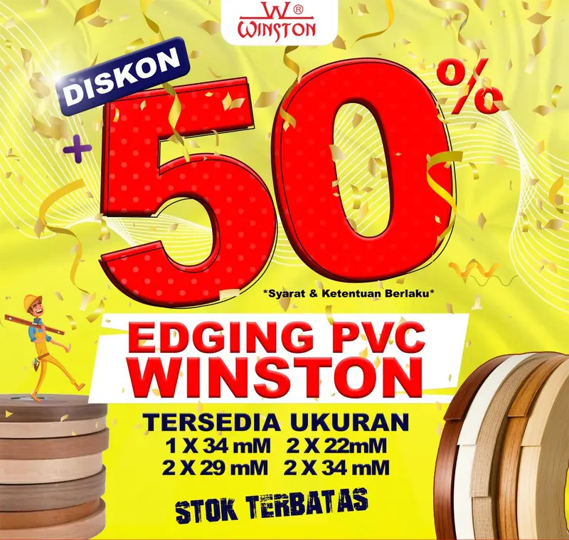 Sale 50% !!! Edging PVC Lebar 22 mm x 2 mm Warna Wood & Solid Winston 1