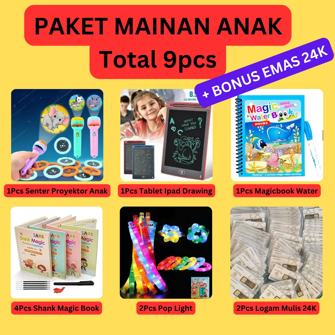 PAKET MAINAN ANAK DAPAT 9pcs Gratis EMAS