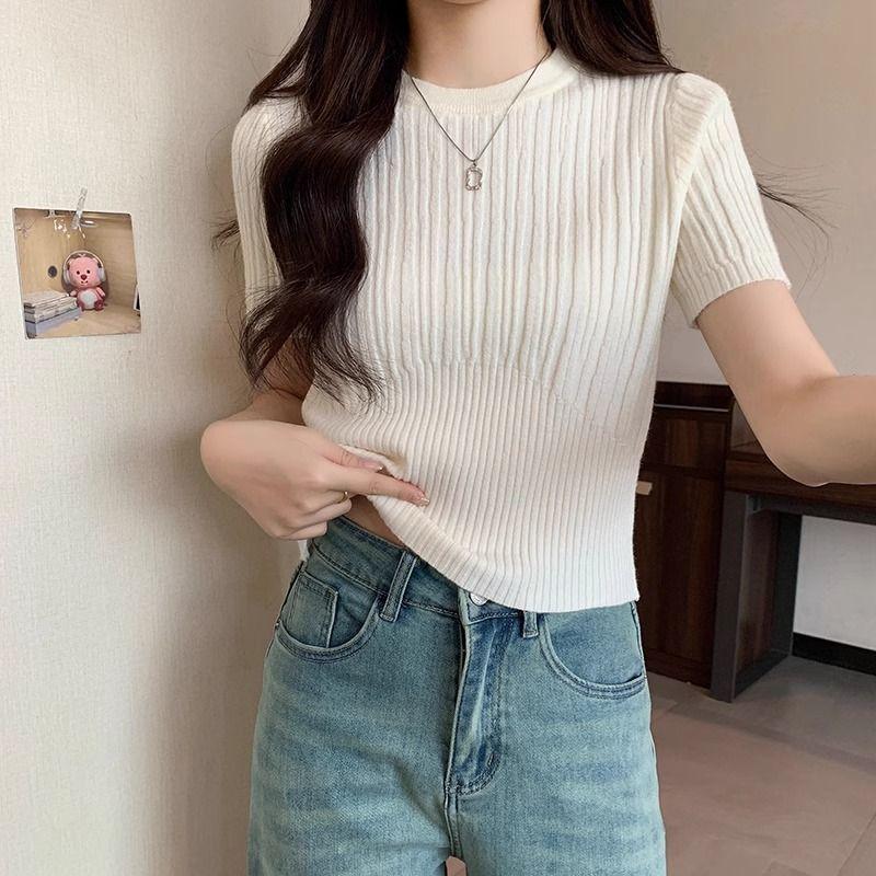 Áo Thun Len, Màu Trắng, Vai Và Tay Ngắn, Dành Cho Nữ, Hàng Mới Về Xuân / Hè, Cổ Tròn, Bó Sát Eo, Mỏng Vừa Vặn, Áo Bên Trong Ngắn Cô Gái Nóng Bỏng