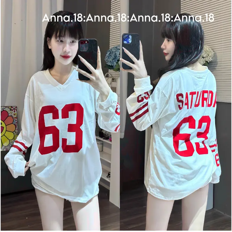 Áo Phông 3158 cotton khô dài tay form rộng in số (63) Nữ Women ( KHÔNG KÈM TẤT) Top Thun (Ảnh Thật) 2