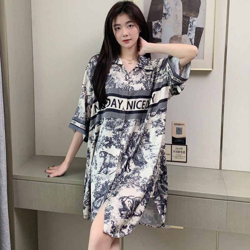 Váy Ngủ, Dành Cho Nữ, Cỡ Lớn, Chất Liệu Lụa Lạnh Dài Trung Bình Ngắn Tay, C11033