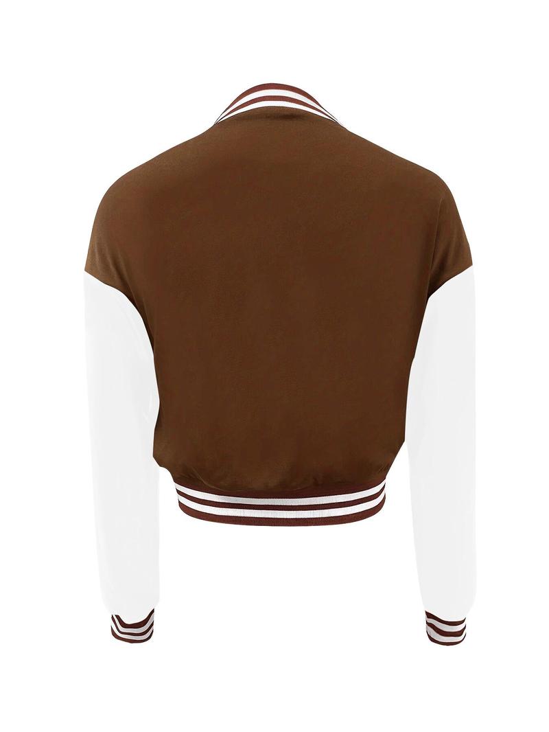 Product Introduction of Women's Letter Patched Button Front Jacket, Casual Drop Shoulder Long Sleeve Baseball Collar Outerwear for Fall & Winter, Ladies Clothes for Daily Wear 8