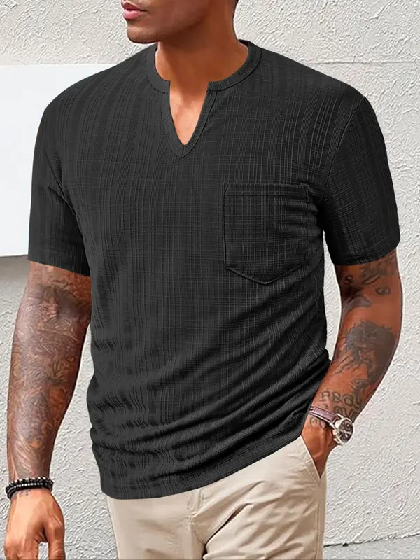 Men's Regular Fit Solid Notched Neck Tee, Casual Comfy Short Sleeve T-shirt for Summer, Fashion Men's Top for Daily Wear 0