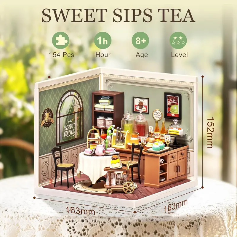 ROBOTIME Miniature House Kit DIY Plastic House Building Toy Set with LED Tiny Store Making Kit Model Craft Hobby Unique Gift DW011 Sweet Sips Tea 1