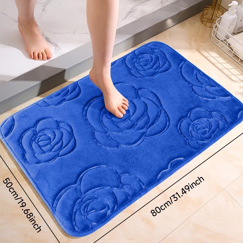 Rose Embossed Absorbent Bath Mat (1 Count), Washable Soft Anti-Slip Door Entrance Carpet, Household Mat for Indoor Living Room Bedroom Kitchen 2