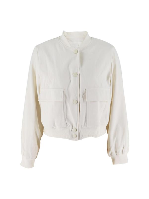 Women's Plain Flap Pocket Crop Bomber Jacket, Designer Jacket, Casual Comfort Long Sleeve Button Front Varsity Jacket, Lady Outerwear for Daily Wear, Womenswear, Coat, Winter Top, Longsleeves Tops for Women, Womenswear 9