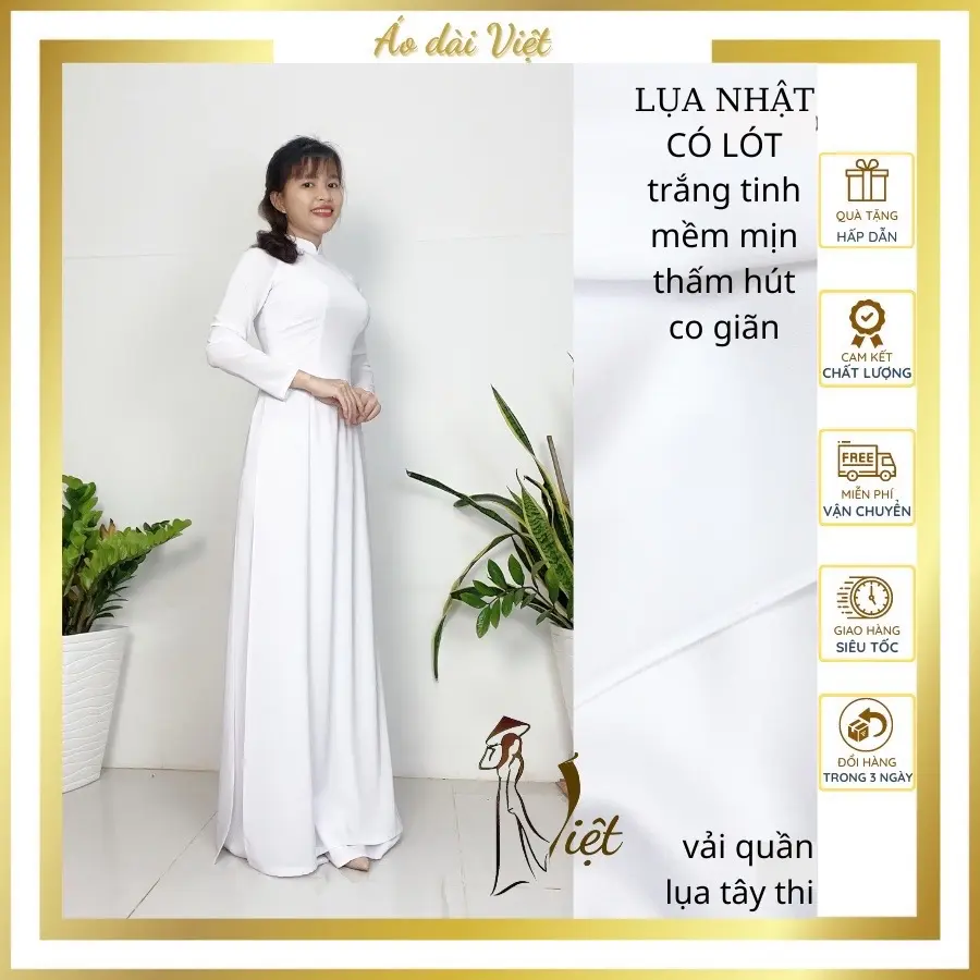 Áo dài trắng học sinh nữ đi học lụa nhật có lớp lót truyền thống may sẵn