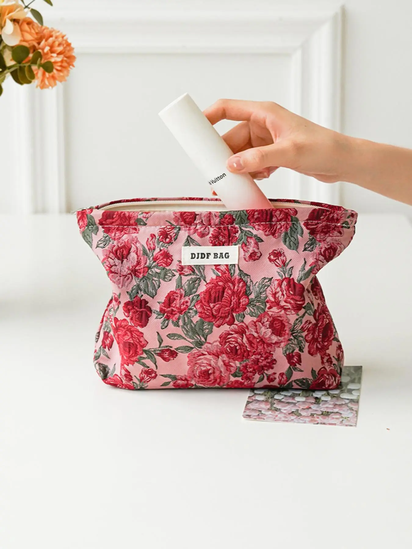 Floral Pattern Makeup Bag, Large Capacity Cosmetic Storage Bag, Zipper Makeup Organizer Pouch, Versatile Storage Bag for Travel, Gym, Office, Home