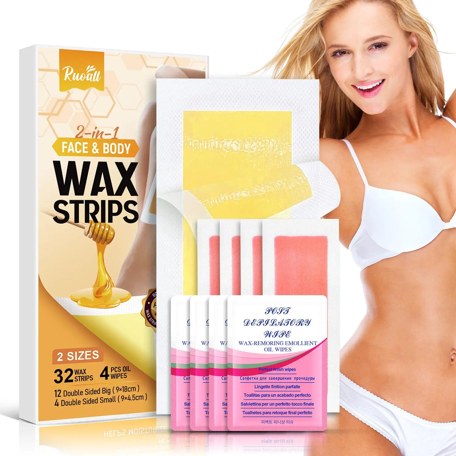 Face & Body Wax Strips Kit, 1 Box Double Sided Wax Strips & Oil Wipes, Body & Face Hair Removal Kit for Women & Men, Cosmetic