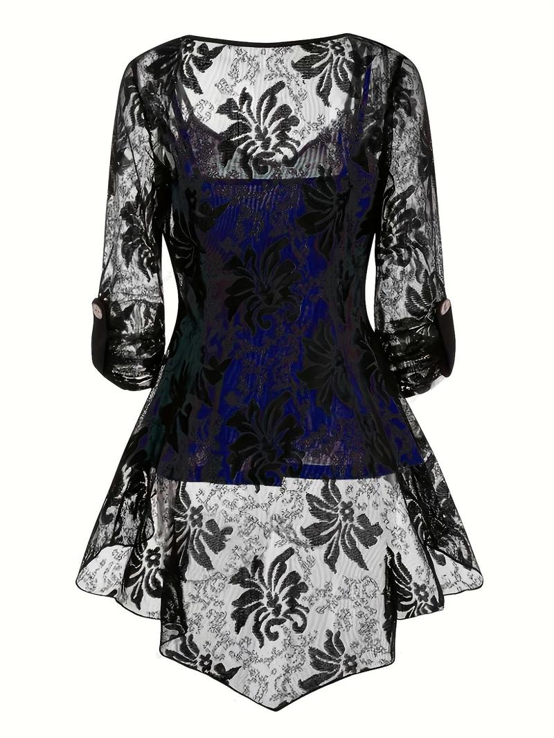 Product Introduction of Plus Size Three-piece Set Backless Peplum Cami Top & Fake Buttons Sheer High Low Contrast Lace Blouse & Skinny Pants, Year-round Three Piece Outfits, Summer Clothes, Co Ord Set, Plus Clothing 4