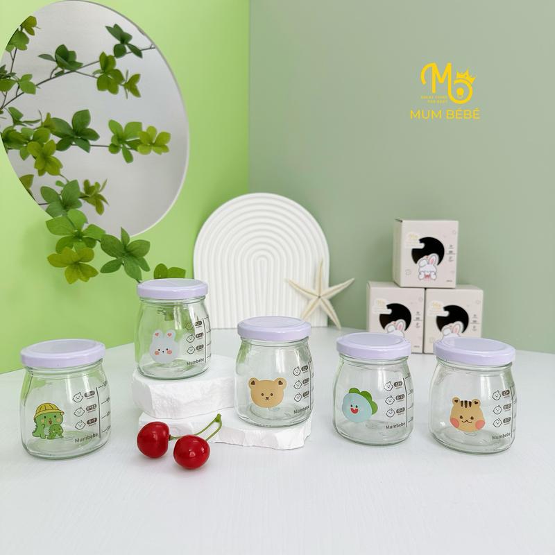 Hũ thủy tinh Mumbebe làm sữa chua bữa phụ pancotta cho bé ăn dặm, Cốc thủy tinh kèm nắp có vạch chia 120ml cho bé ăn dặm Kem