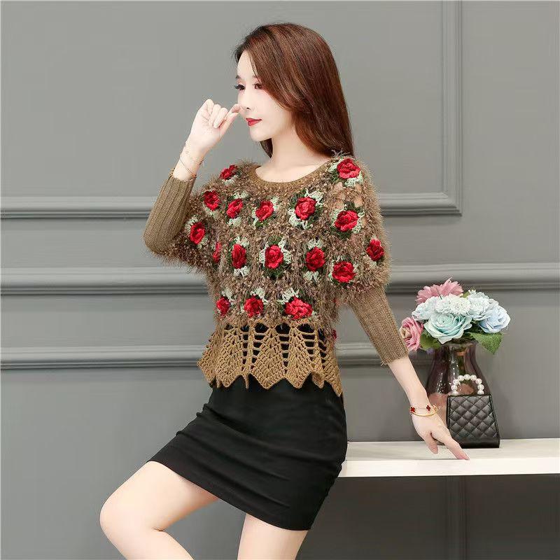 Áo Len Dệt Kim Đan, Tay Áo 3 / 4, Bộ Sưu Tập Mùa Xuân Và Mùa Thu, Hàng Mới Về, Cạp Cao, Jacquard Thời Trang, Cổ Tròn, Kiểu Ngắn, Dáng Rộng Vừa Vặn, Áo Tay Cánh Dơi, Dành Cho Nữ 9