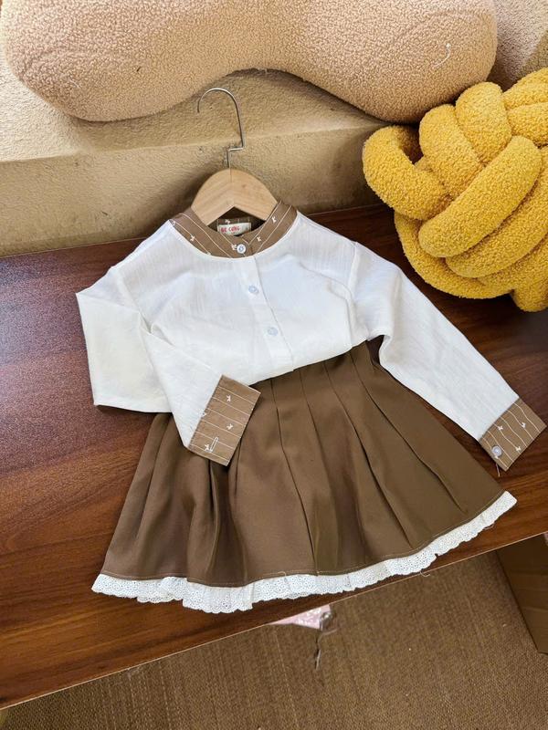 Set Áo Tay Dài Trắng Phối Nâu (Nơ) Kèm Chân Váy Xếp Li Nâu Viền Ren 99H Dành Cho Bé Gái