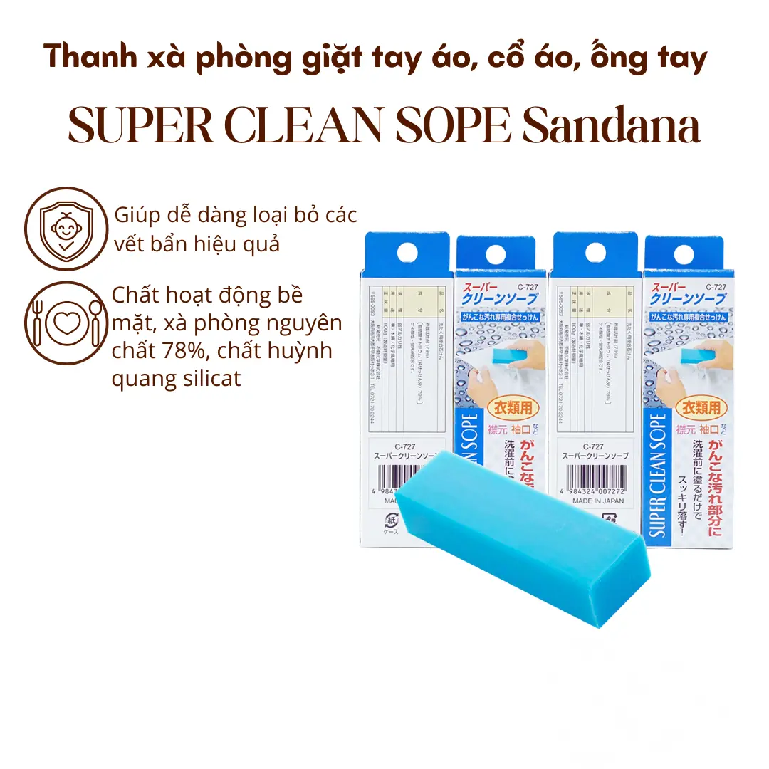 Xà phòng giặt Thanh SUPER CLEAN SOPE Sandana chuyên dụng dạng chữ nhật thay bột giặt 100g