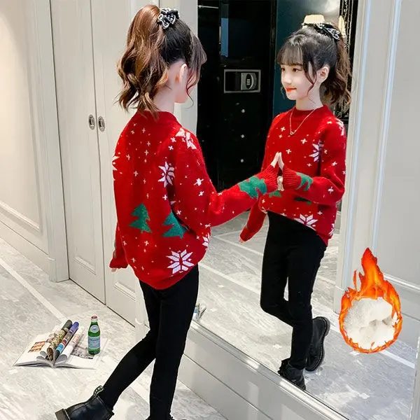 เสื้อสเวตเตอร์ซับในผ้าฟลีซสำหรับเด็กผู้หญิง ฤดูใบไม้ร่วงและฤดูหนาว ใหม่ เด็กโต หนา สไตล์ตะวันตก เสื้อคริสต์มาส Bottoming เสื้อผ้าเด็กฤดูหนาว