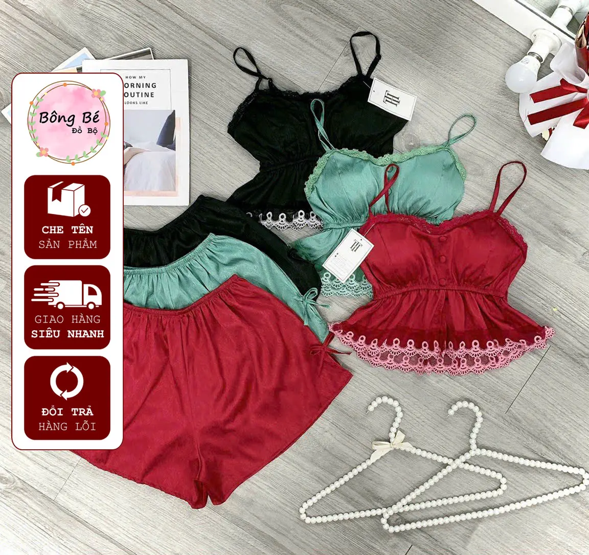 N25 Đồ ngủ, đồ bộ lụa xước cúc bọc viền ren xinh xắn