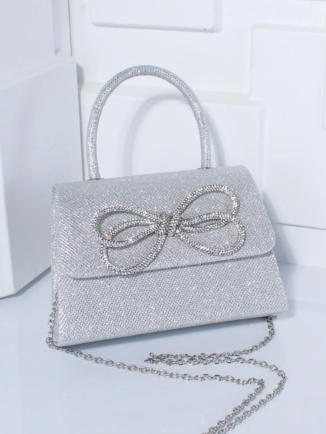 Women's Elegant Rhinestone Decorated Bowknot Design Evening Bag, Exquisite Trendy Chain Strap Crossbody Bag, Fashionable Bag for Party Decoration