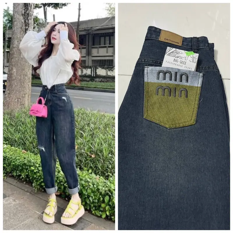 Quần Baggy Jeans Túi Thêu Màu Xanh Đậm Cạp Cao Trên Rốn, Form Rộng Thoái Mái, Women Nữ Kem Pants 1